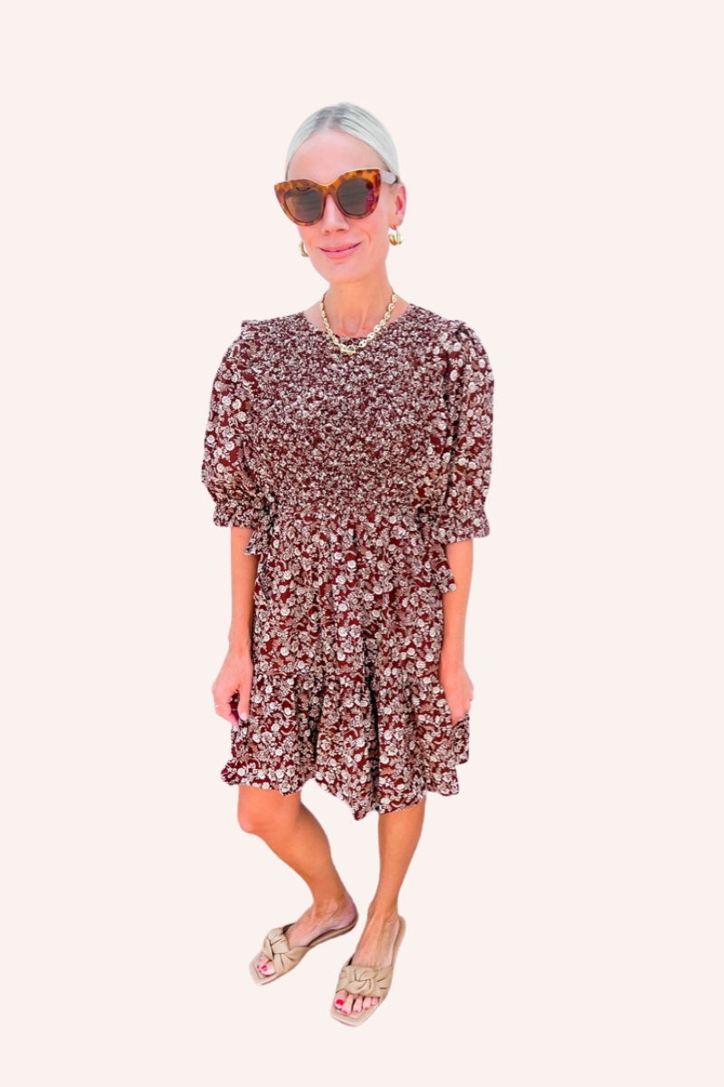 Smocked Top Mini Dress with Side Tie Details in Chestnut Floral