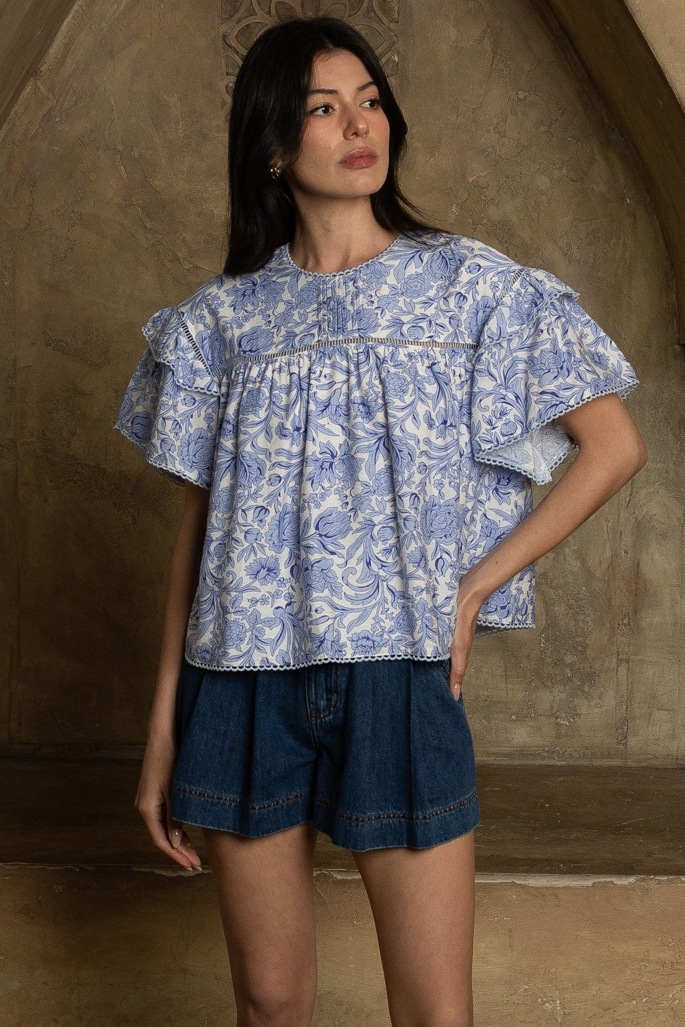 Arrietty Floral Strapless Top Blue