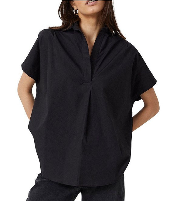 French Connection Cele Rhodes Poplin Short Sleeve Collar Top in Black