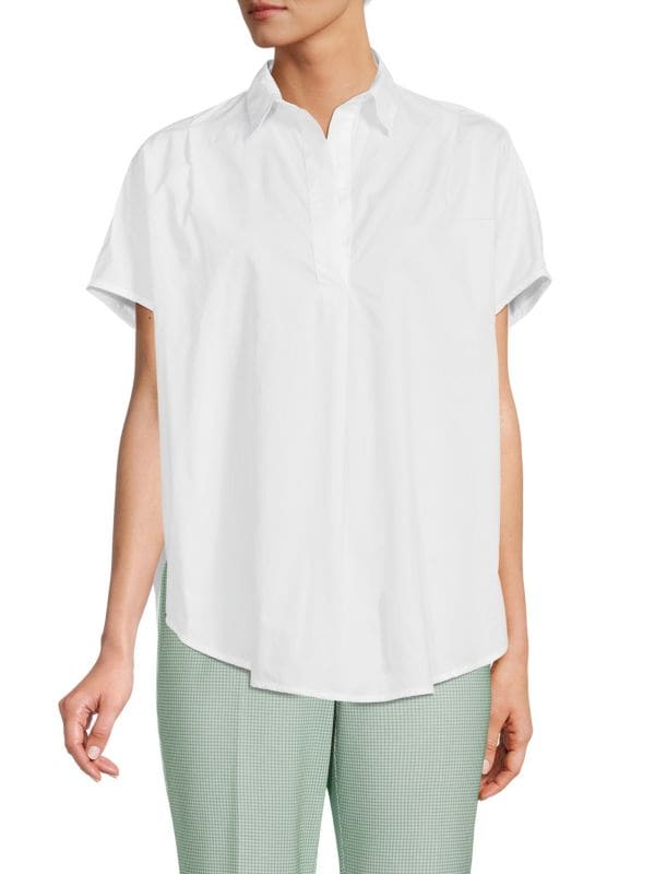 French Connection Cele Rhodes Poplin Short Sleeve Collar Top in White