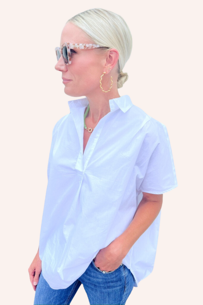 French Connection Cele Rhodes Poplin Short Sleeve Collar Top in White