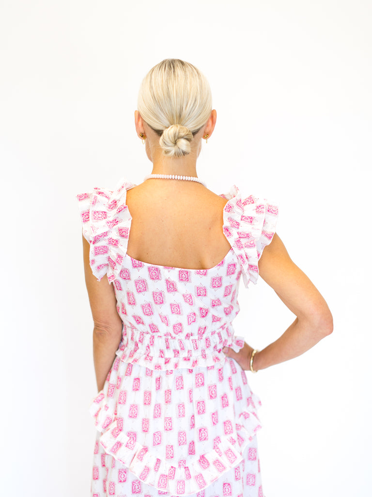 Anna Cate Alex Long Dress in Pink Block Print