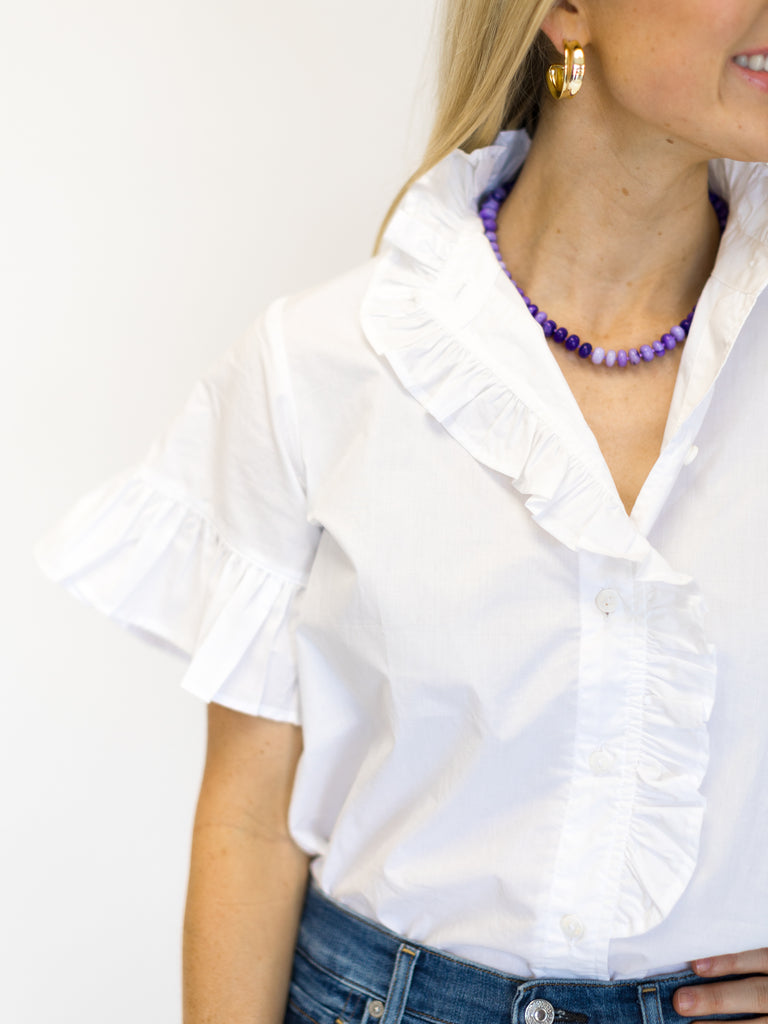Mille Vanessa Flutter Sleeve Ruffle Neck Top in Crisp White
