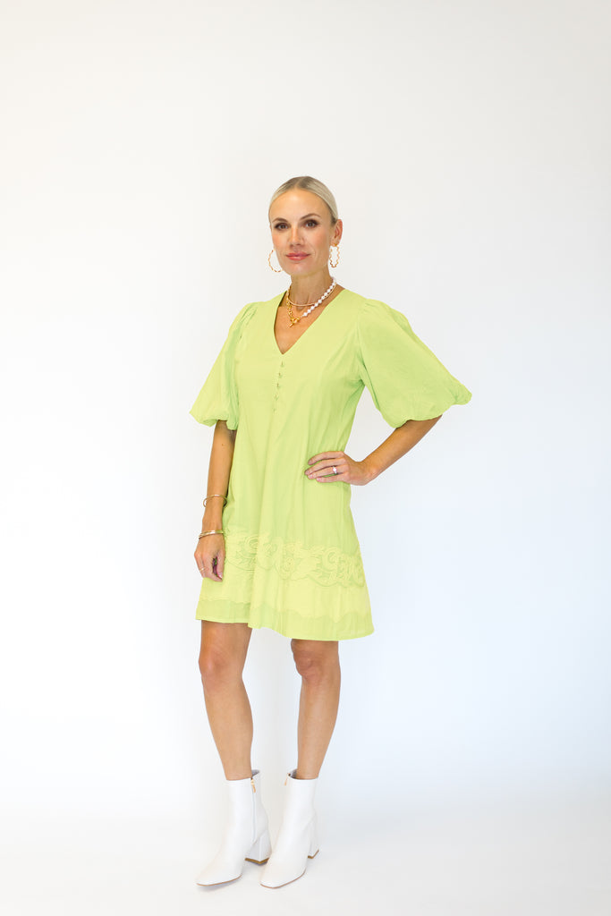 Anna Cate Lexie Dress with Emroidered Bottom Applique in Hot Lime