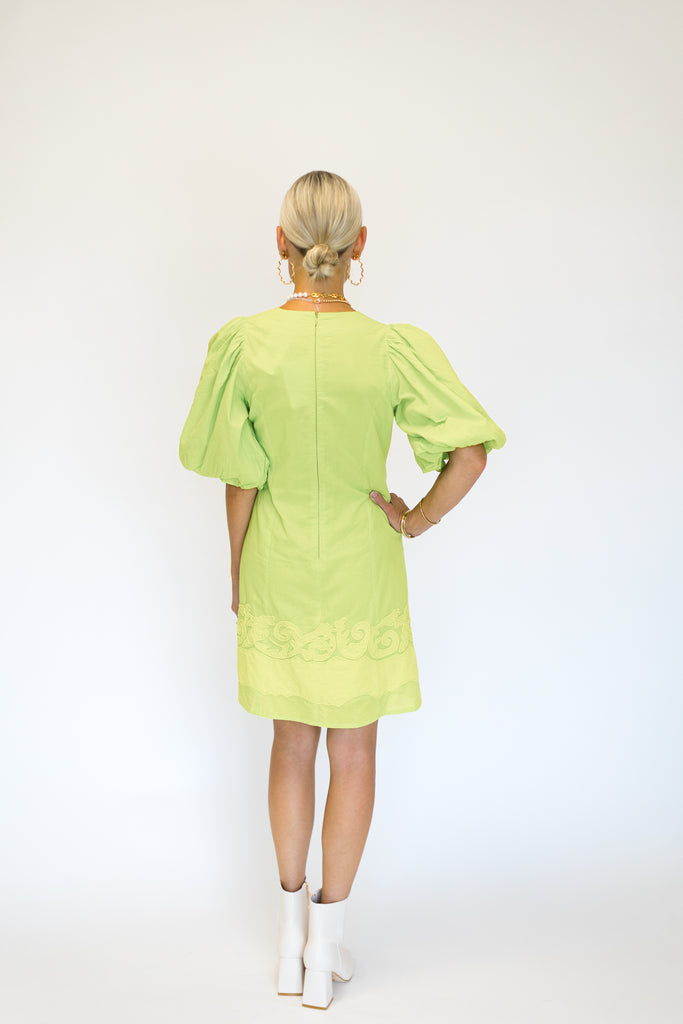 Anna Cate Lexie Dress with Emroidered Bottom Applique in Hot Lime