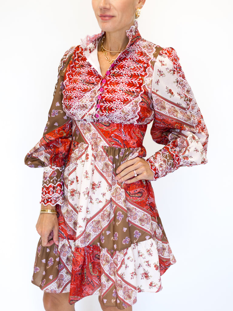 Long Sleeve Button Front Dress with Lace Inserts in Red Patchwork Print