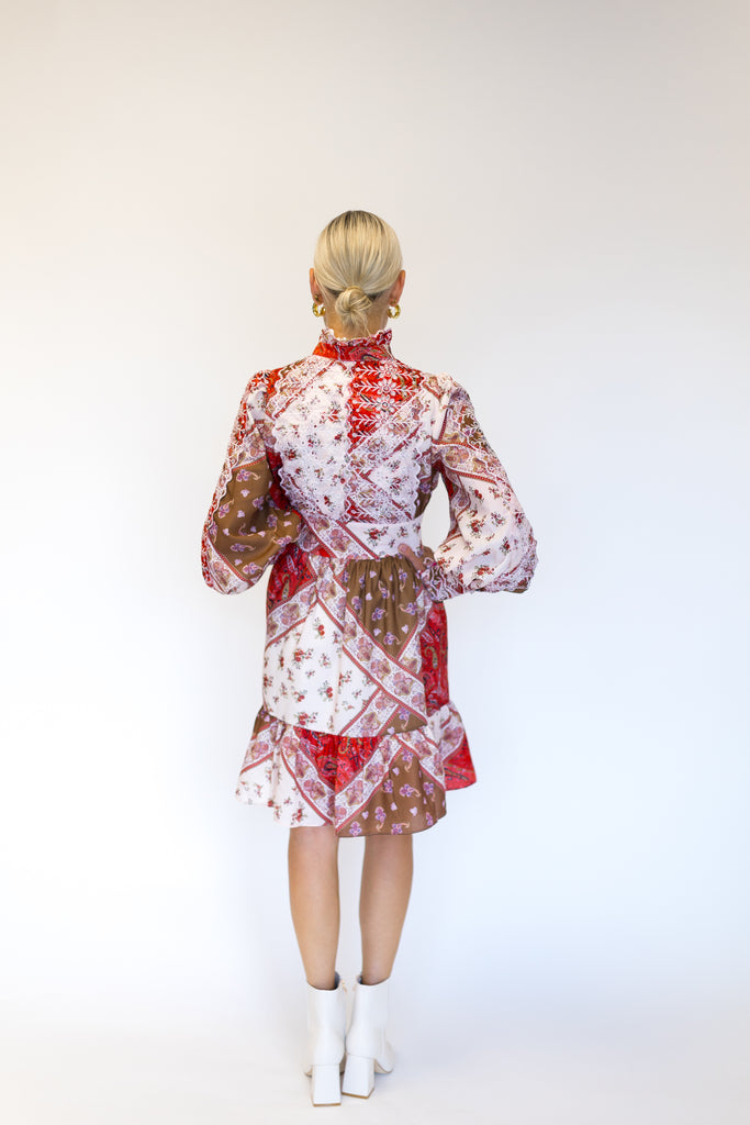 Long Sleeve Button Front Dress with Lace Inserts in Red Patchwork Print