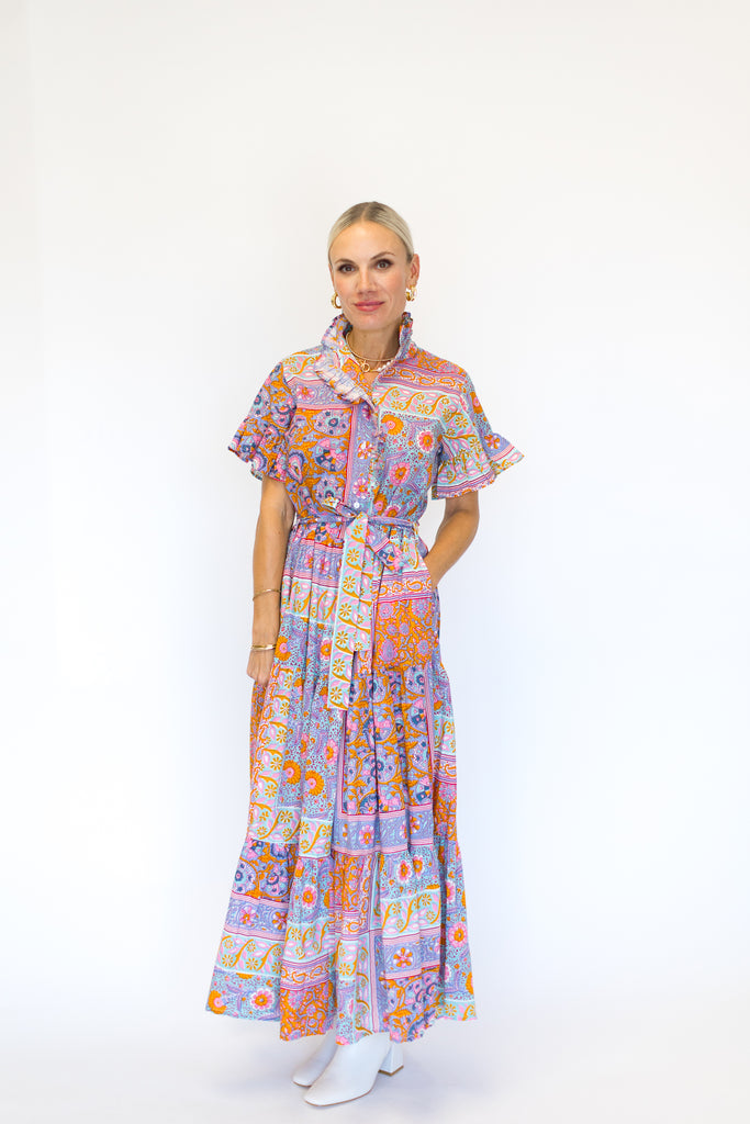 Mille Victoria Flutter Sleeve Long Dress with Removable Tie in Palace Floral Print