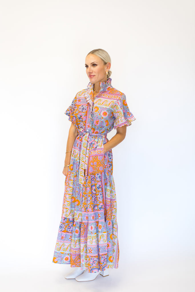 Mille Victoria Flutter Sleeve Long Dress with Removable Tie in Palace Floral Print