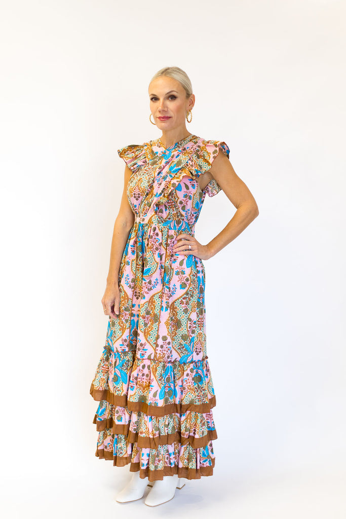 Anna Cate Jameson Midi Dress in Teal and Peach Paisley Hunter