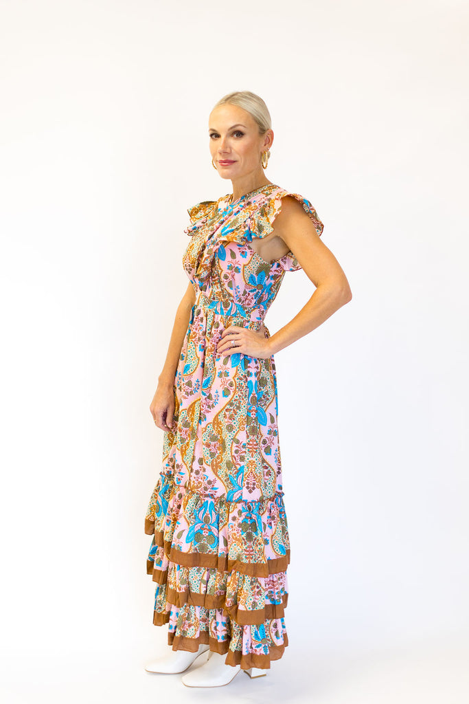 Anna Cate Jameson Midi Dress in Teal and Peach Paisley Hunter