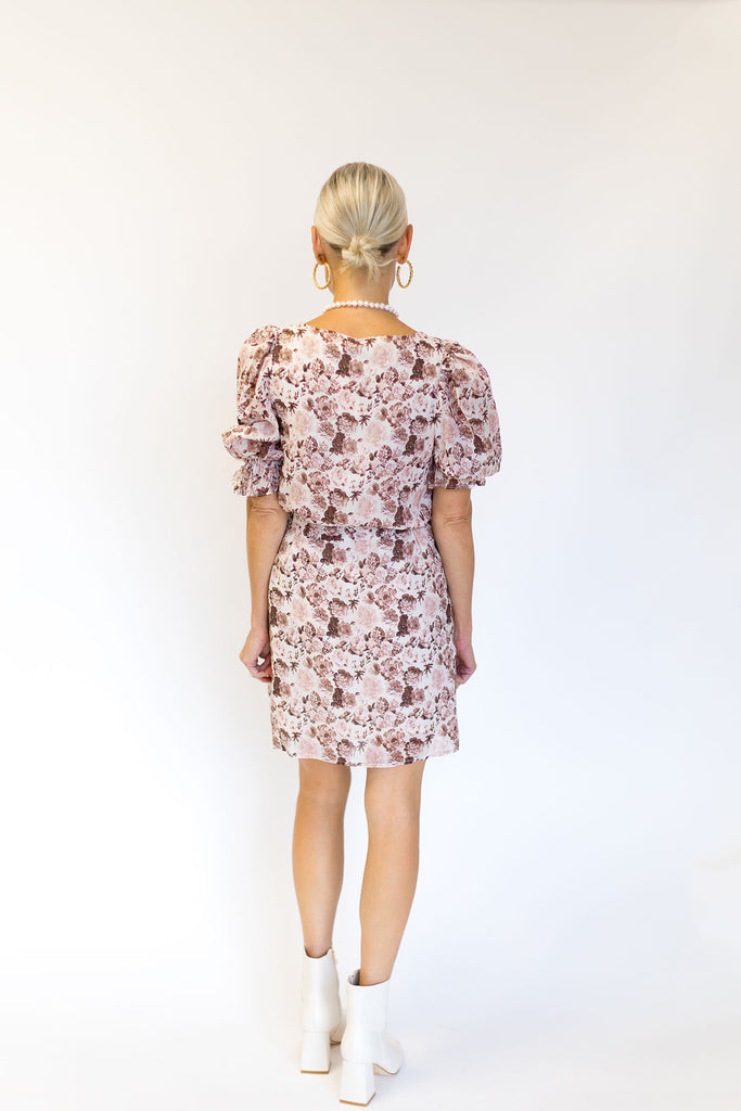 Floral Linen Mini Dress with Tie in Brown