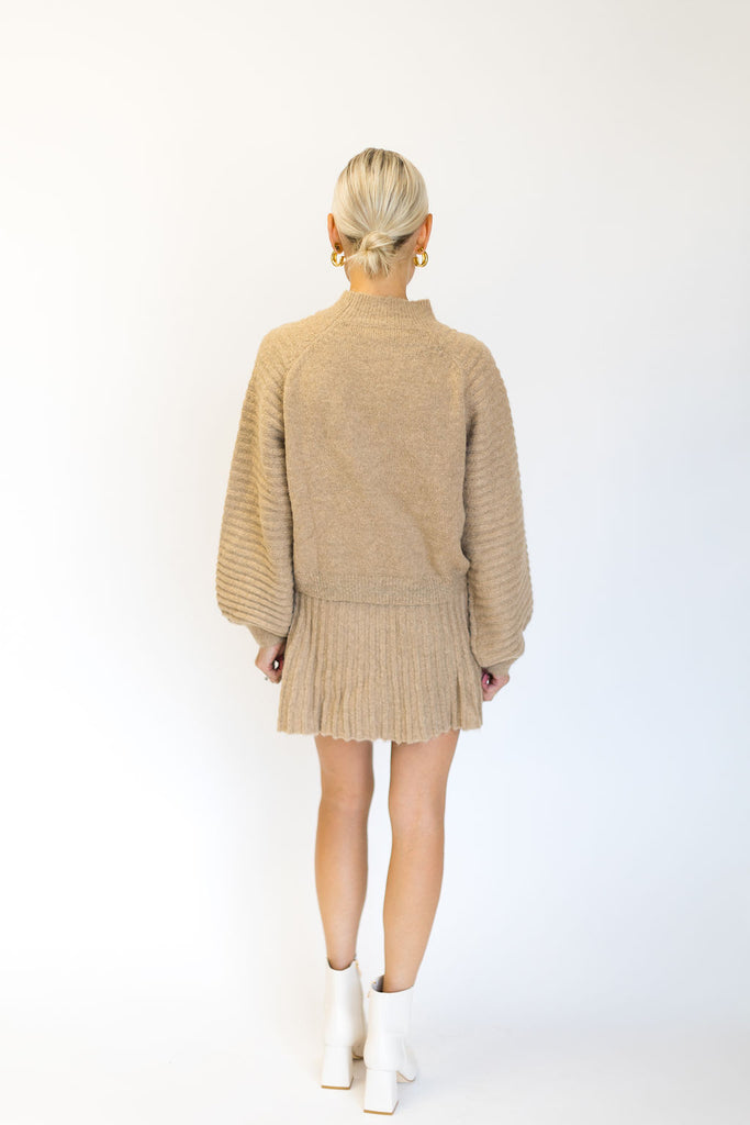 Preorder Gabrielle Balloon Sleeve Sweater and Pleated Mini Skirt Set in Natural