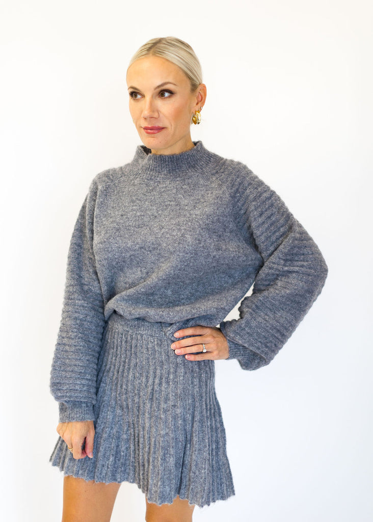 Gabrielle Balloon Sleeve Sweater with Pleated Mini Skirt Set in Heather Gray
