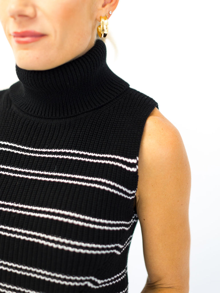 Mozart Sleeveless Turtleneck Sweater in Black & White Stripe
