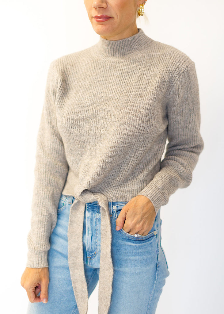 Long Sleeve Tie Front Ribbon Sweater in Taupe