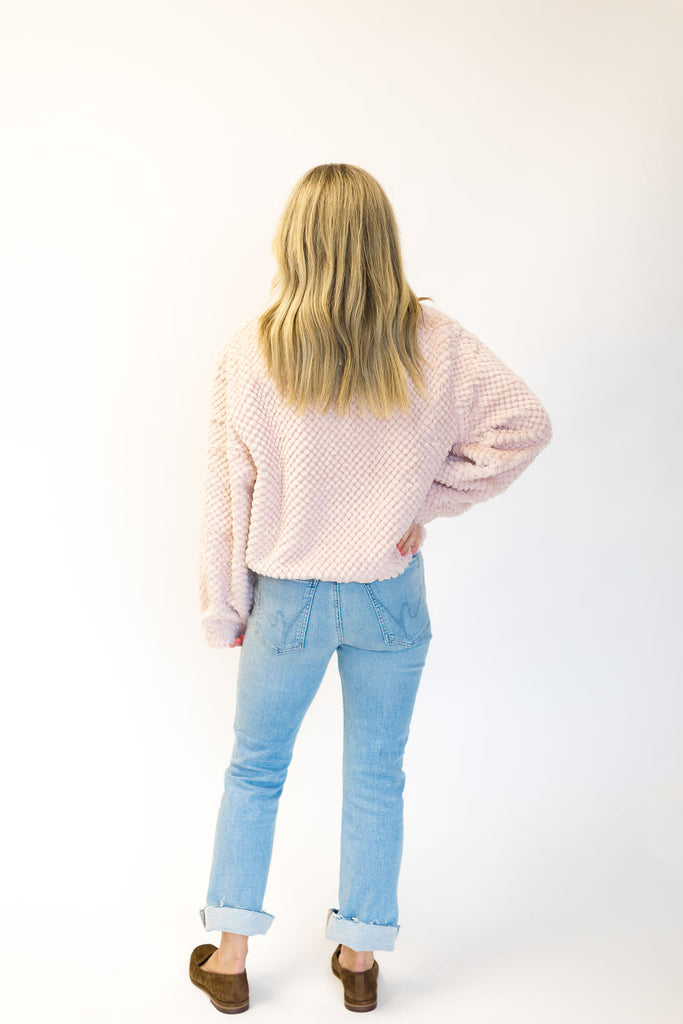 Furry Faux Fur Top with Cinched Waist in Baby Blush Pink