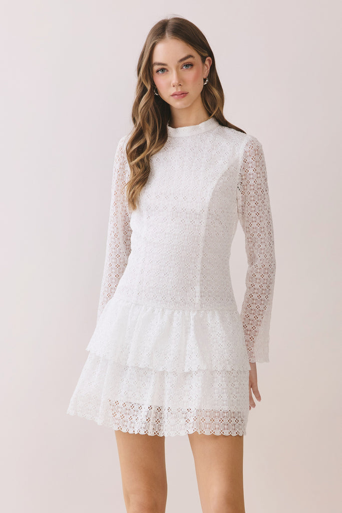 Long Sleeve Lace Tiered Mini Dress in White, S Long Sleeve Lace Tiered Mini Dress in White, S