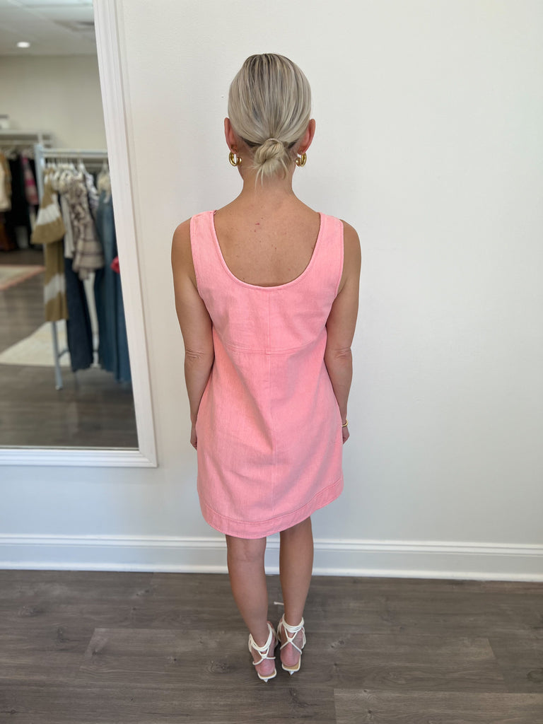 Washed Denim Round Neck Mini Dress in Pink