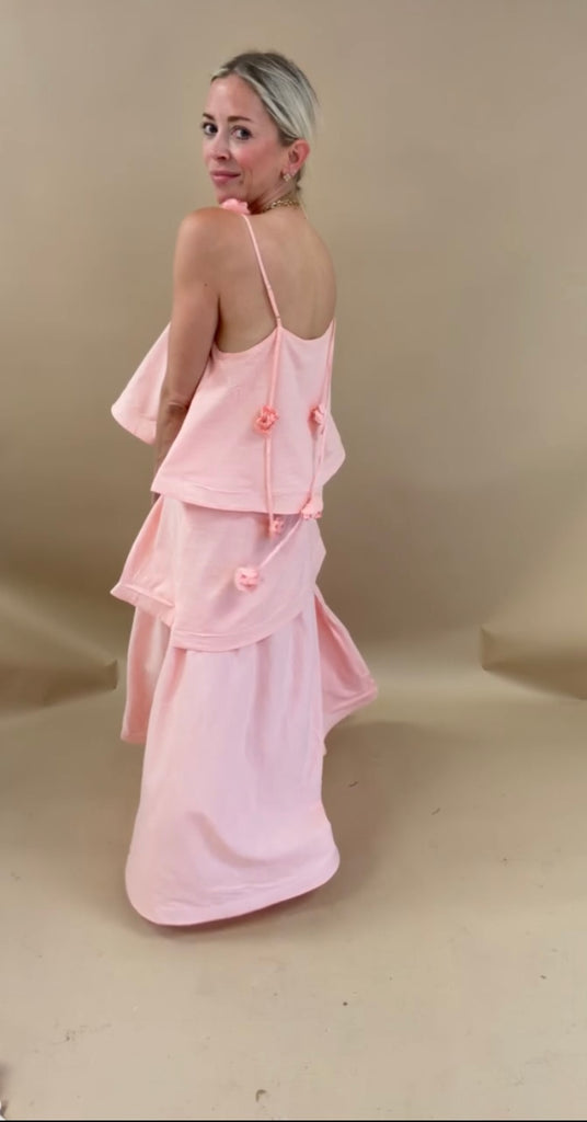 pink ruffle maxi dress Layered Ruffle Maxi Dress with Floral Strap Detail in Baby Pink