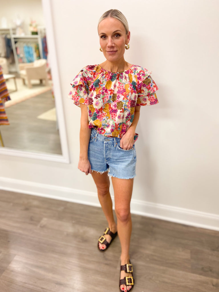 Floral Print Short Sleeve Top in Fuchsia