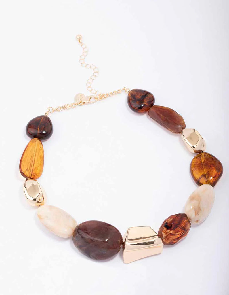 Multi Shaped Stone Necklace in Brown & Gold