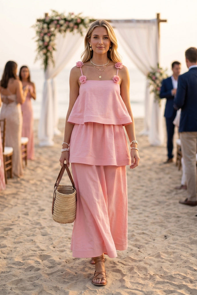 Layered Ruffle Maxi Dress with Floral Strap Detail in Baby Pink | Minette Boutique Layered Ruffle Maxi Dress with Floral Strap Detail in Baby Pink | Minette Boutique