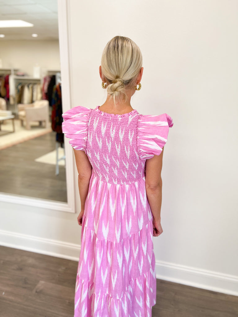 Saylor Almina Ikat Midi Dress in Bubblegum Pink