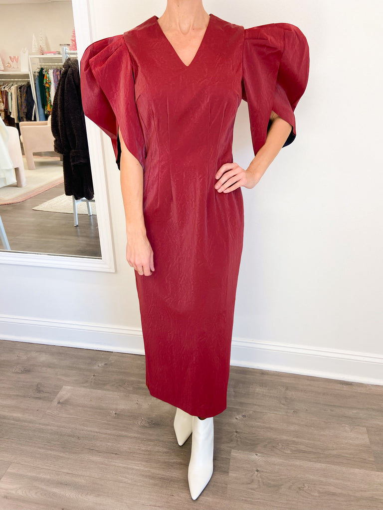Puff Exaggerated Sleeve Faux Leather Midi Dress in Crimson