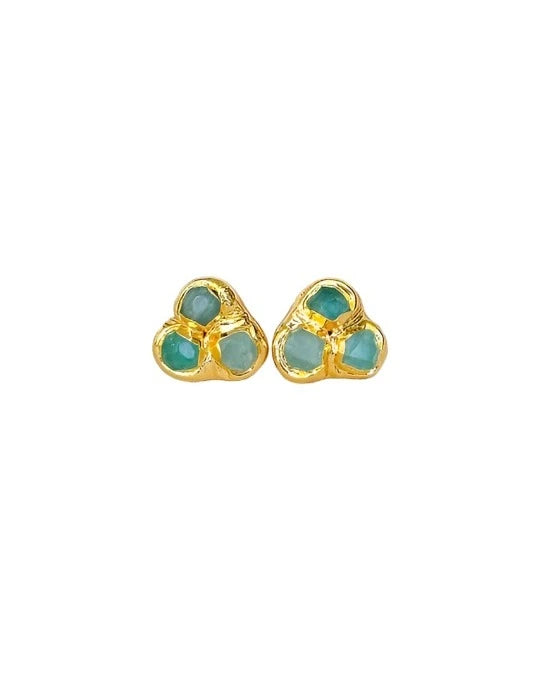 Gold Triple Stone Earring Stud in Green