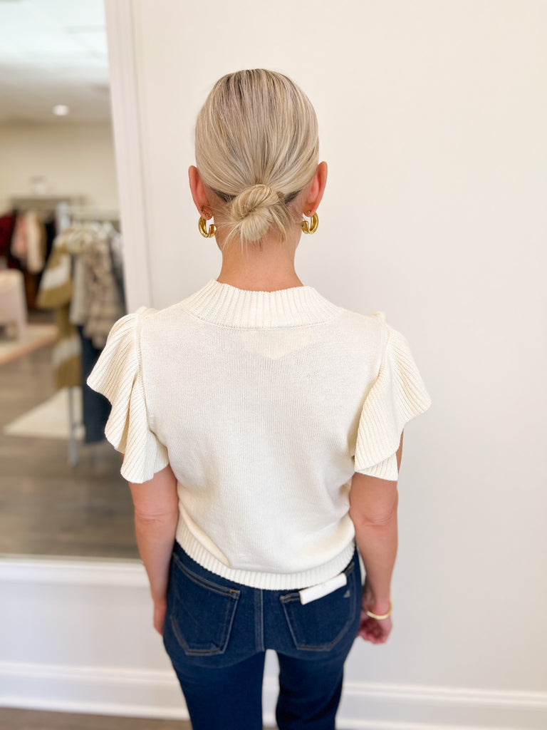 Solid Knit Top with Ruffle in Ivory
