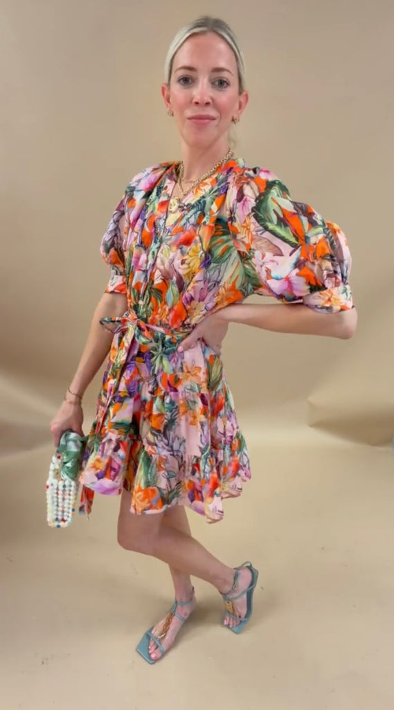 Tropical Print Woven Waist Tie Tiered Mini Dress M