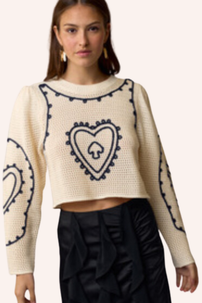 Embroidered Sweater in Cream with Black Detail