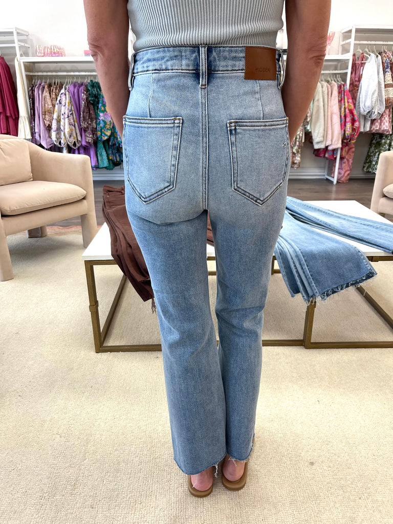 High Rise Crop Flare Jeans in Light Blue