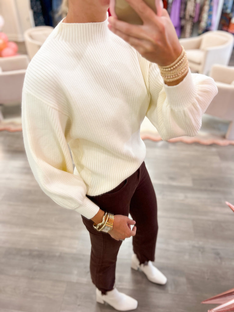 Ivory Mock Neck Balloon Sleeve Sweater