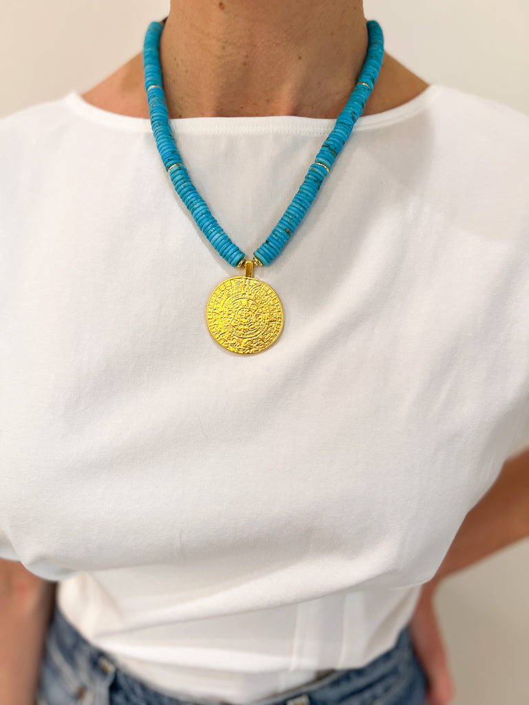 Turquoise Beaded Necklace with Large Gold Medallion