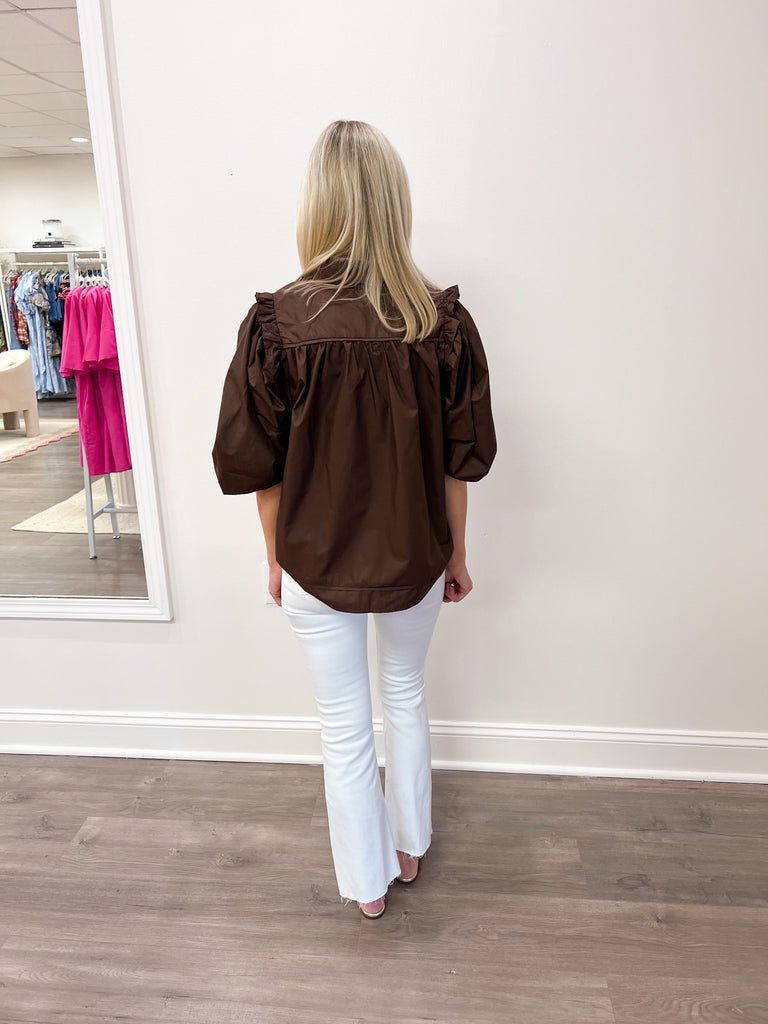 PREORDER Button Down Ruffle Sleeve Top in Brown