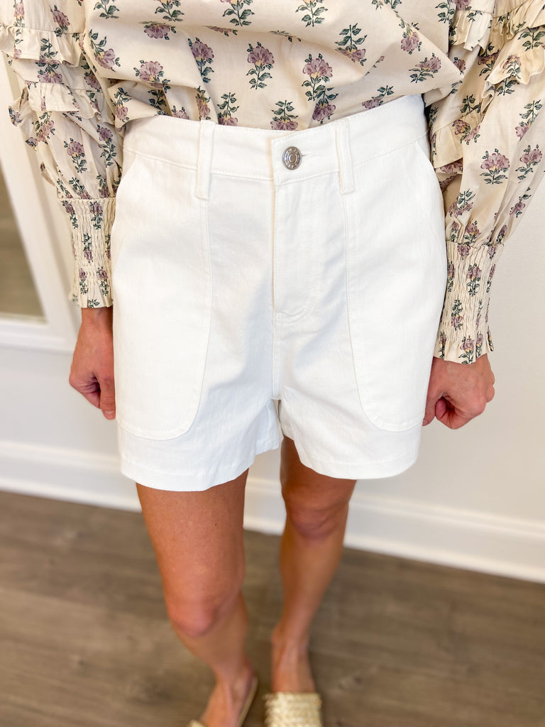 High Rise White Denim Shorts with Oversized Pockets