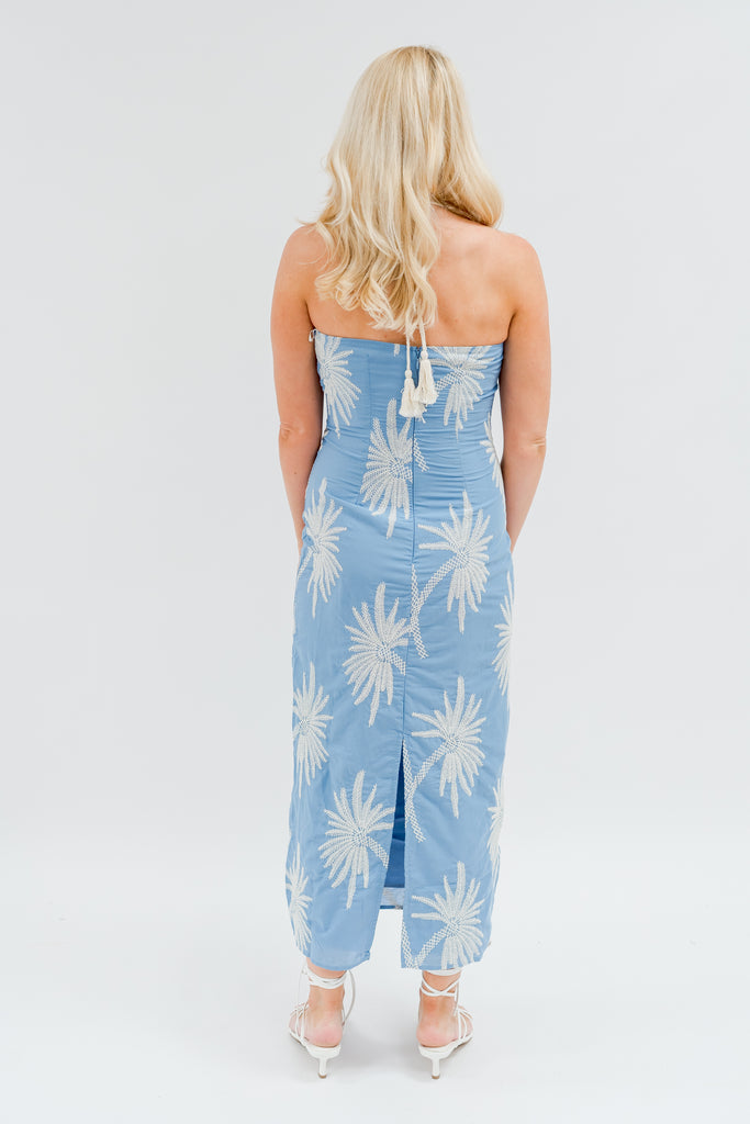 Arose Studio Blue Embroidered Halter Maxi Dress