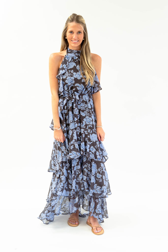 astr blue floral dress the Label | Lae High-Neck Ruffle Maxi in Brown a ring belt one of a kind Mens Partywear - Shop Size:L/ US 10