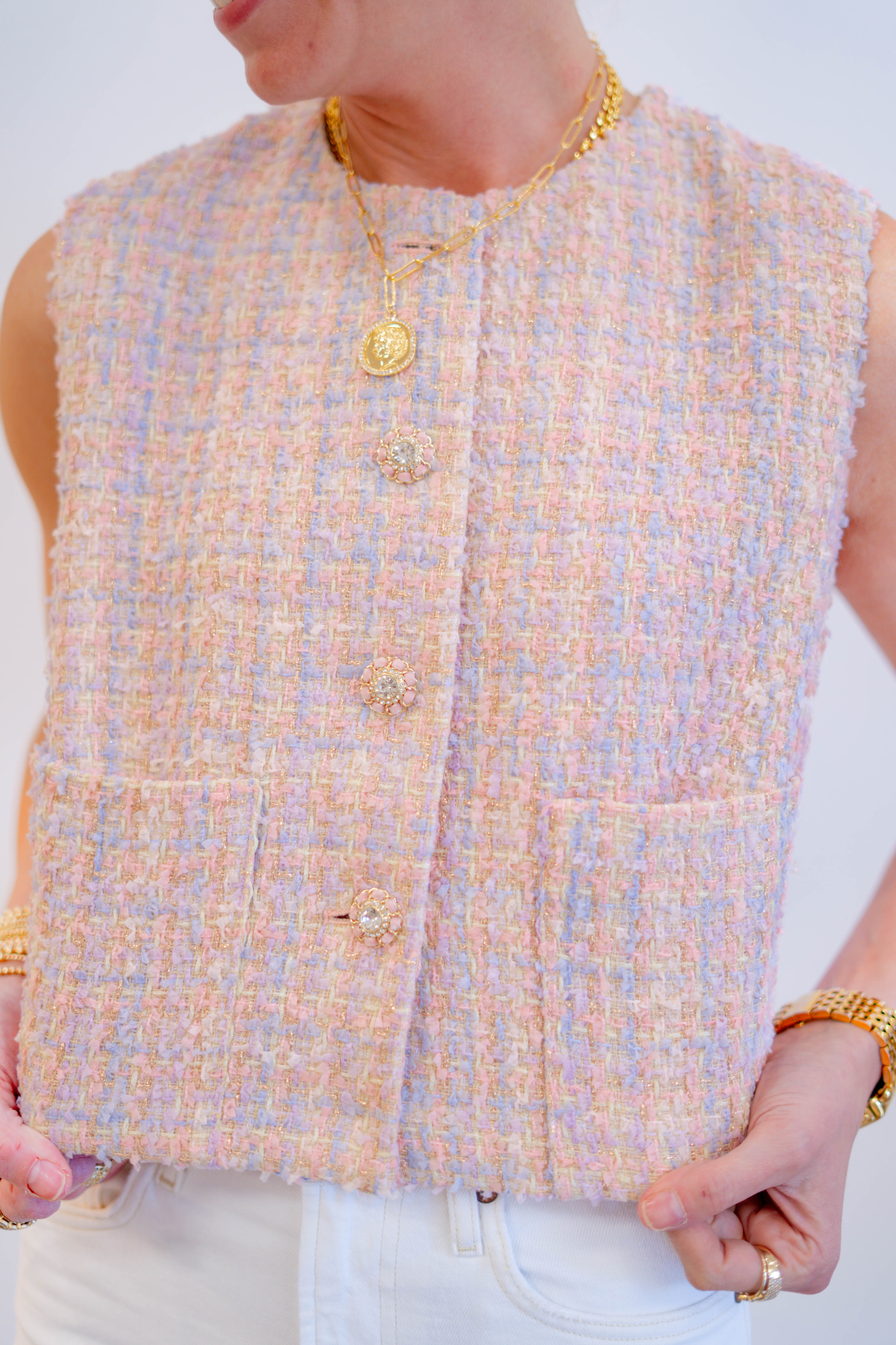 pois Tweed vest【Pink】 Fragrant Pink and White Tweed ladies denim vest for Girls
