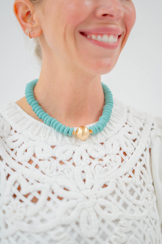 Wooden Bead Necklace with Gold Ball in Light Turquoise