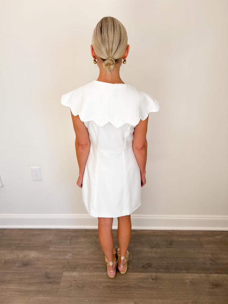 White Scalloped Button Front Dress