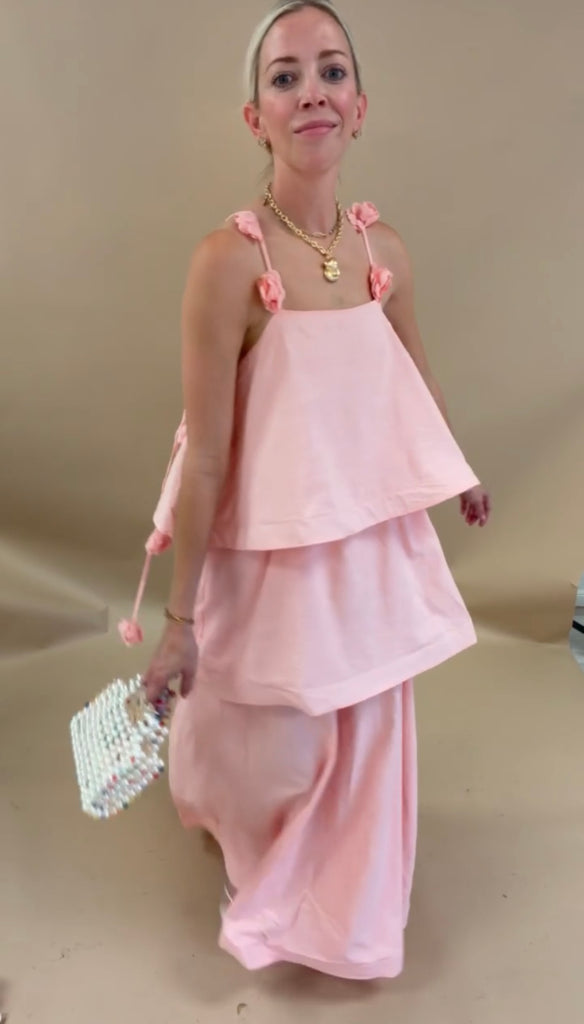 light pink ruffle maxi dress Layered Ruffle Maxi Dress with Floral Strap Detail in Baby Pink