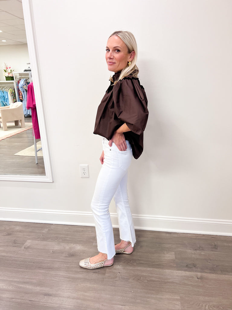 PREORDER Button Down Ruffle Sleeve Top in Brown