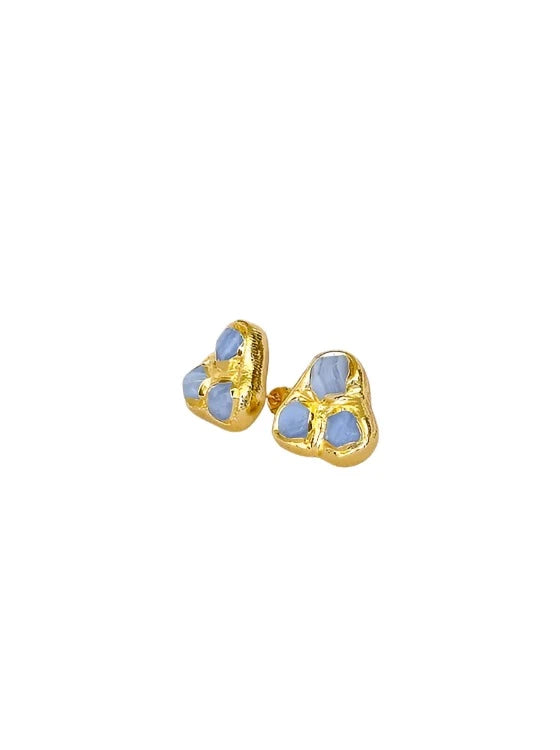 Gold Triple Stone Earring Stud in Blue