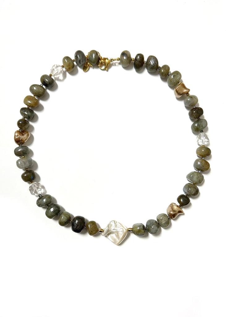 Gilma Multi Labradorite and Pearl Stone Necklace with Clasp in Gold