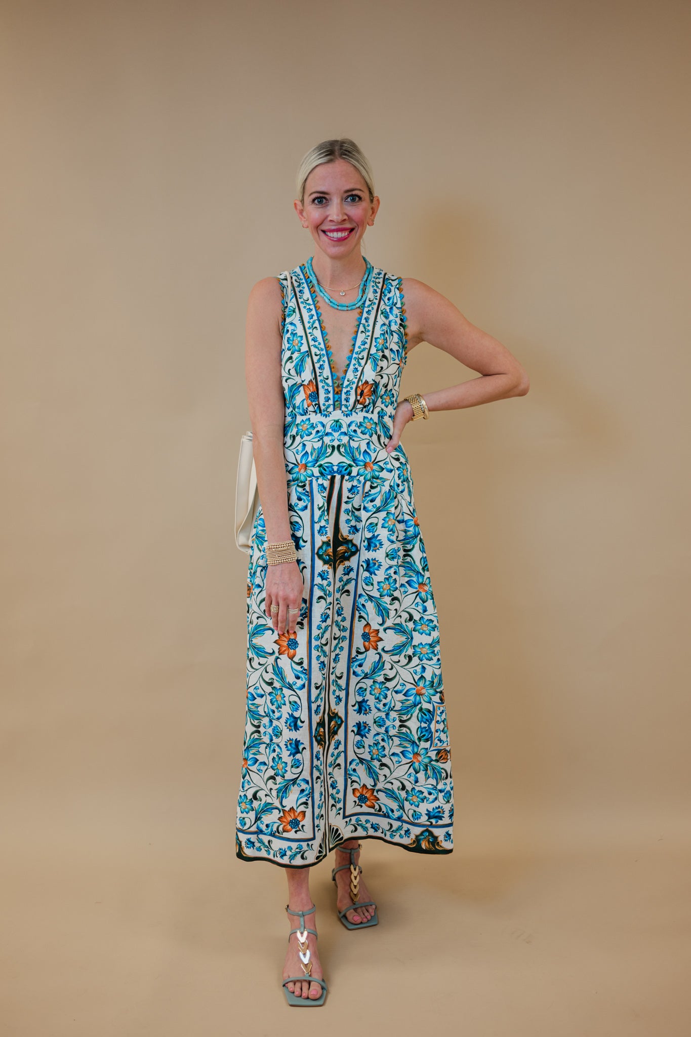 FARM Rio Women's Off-White Flora Tile Scallop Linen Dress | XS FARM Rio Women's Off-White Flora Tile Scallop Linen Dress | XS