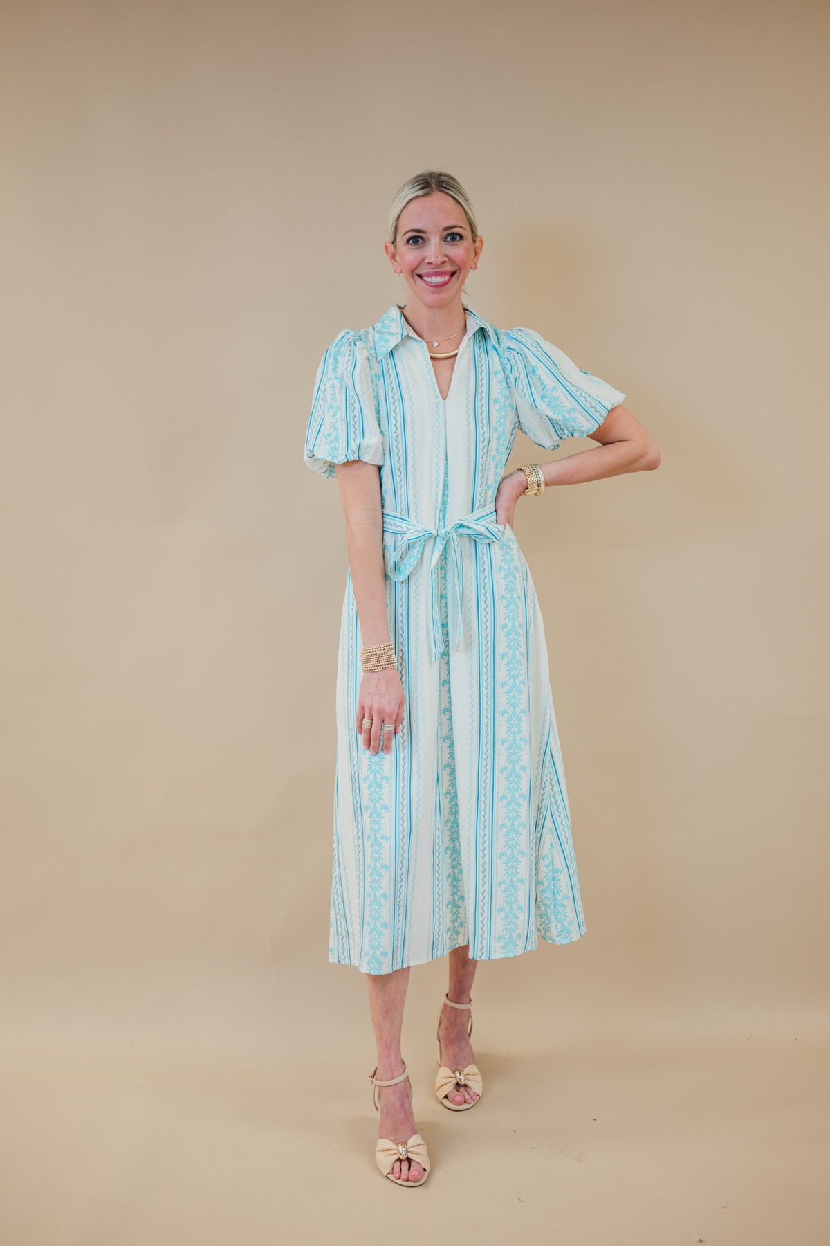 Striped Puff Sleeve Tie Waist Dress in Blue Floral | Minette Boutique