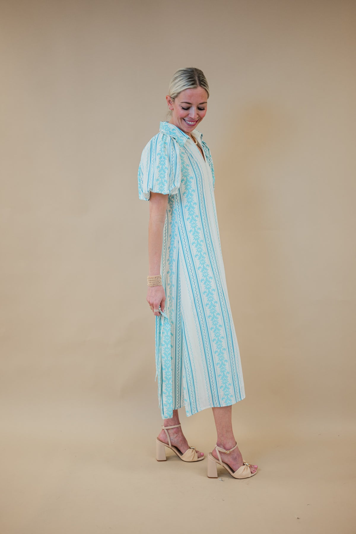 Striped Puff Sleeve Tie Waist Dress in Blue Floral | Minette Boutique
